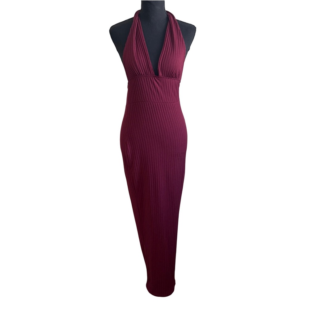 SHEIN SXY Burgundy Fairy Gunge Ribbed Halter Maxi Dress Size S Red Preppy Vamp